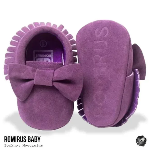 FIRST WALKERS ROMIRUS BABY SLIP-ON MOCCASINS W/ BOW & FRINGE IN PURPLE SUEDE - Picture 3 of 5